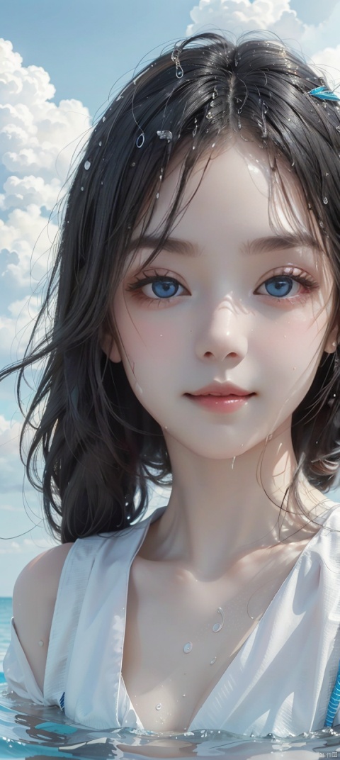  swimming,bare feet,wet body,long hair,black hair,full body,flat chest,on park,day,blue Sky,clouds,White shirt,long legwears,camera,smile,Narrow shoulders,extremely detailed eyes and face, beautiful detailed eyes,very big eyes,Somebody is watching girl,