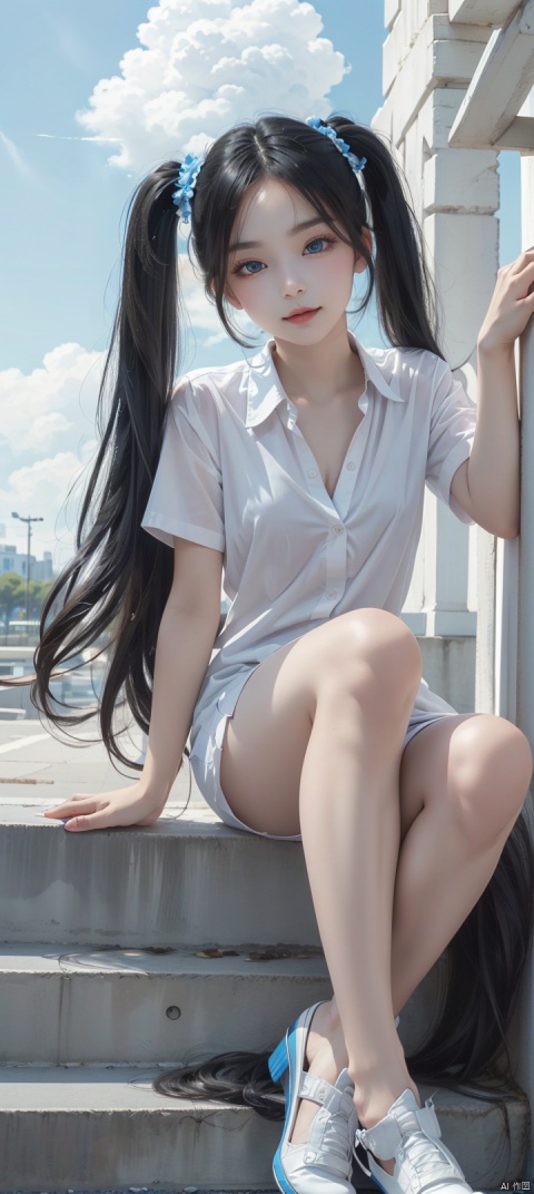 black silk stocking,pussy legs,legs to viewer,full body,twintails,long hair,black hair,flat chest,on park,day,blue Sky,clouds,White shirt,long legwears,camera,Seductive smile,Narrow shoulders,extremely detailed eyes and face, beautiful detailed eyes,very big eyes,Somebody is watching girl,