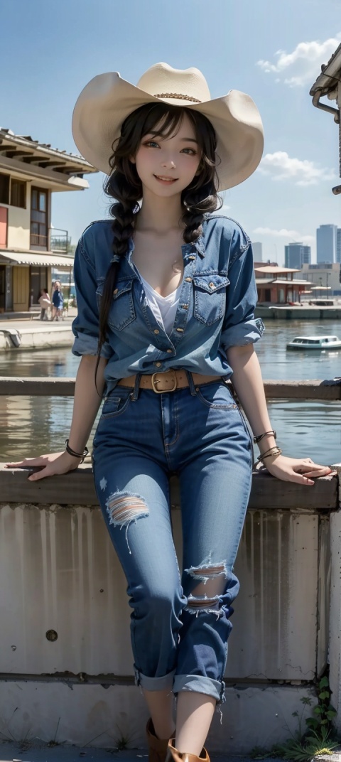  (2 girls:2),nude,jeans,Denim clothing,(Cowboy hat:1.35),lying in river,pussy lips visible,pussy legs,pussy breasts,fullbody,twintails,long hair,black hair,flat chest,day,blue Sky,clouds,long legwears,(smile:1.3),Narrow shoulders,extremely detailed eyes and face, beautiful detailed eyes,very big eyes,