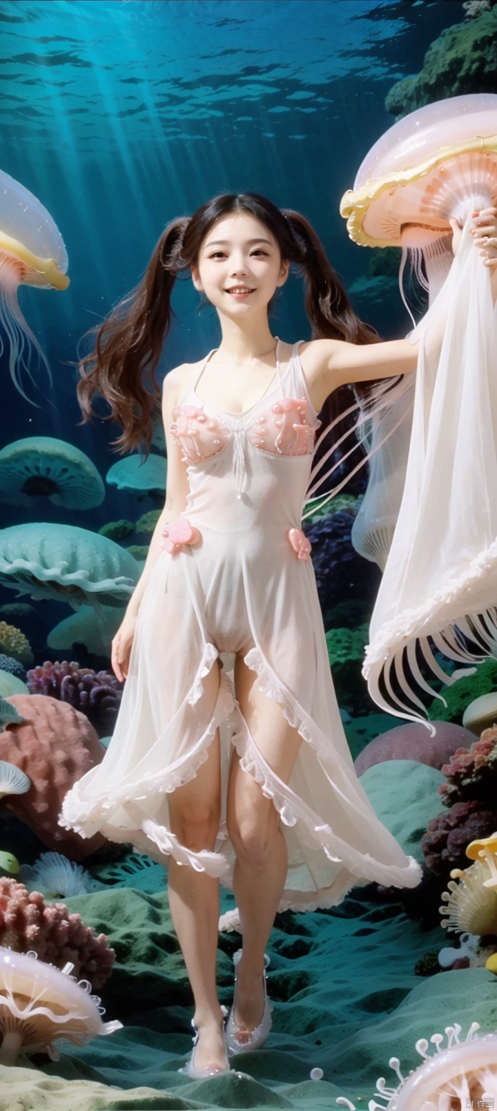   (***** full body:1.5),(very big jellyfish:1.5),(under sea:1.5),(dance:1.3),(seabed:1.5),laugh,smile,happy,exciting,very transparent gauze garment,very transparent clothing,twintails,hair buns,straight hair,long hair,black hair,Narrow shoulders,extremely detailed eyes and face, beautiful detailed eyes,big eyes, jellyfish,coral,octopus,shell,shells,jellyfish,coral,octopus,shell,shells,very long hair,