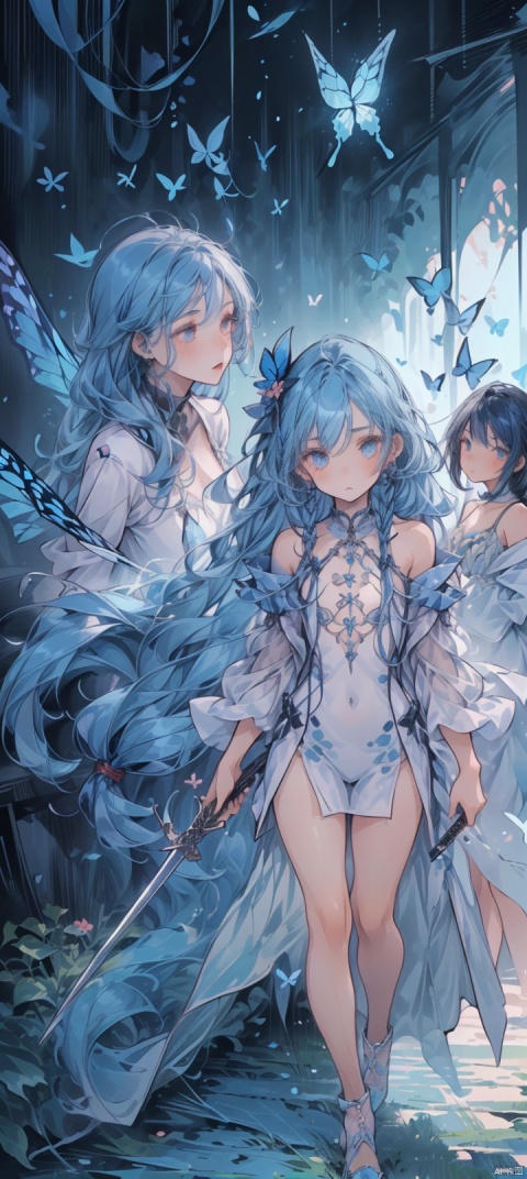  (3 girls:2),very transparent gauze garment,very transparent clothing,fullbody,flat chest,Narrow shoulders,(random poss:1.5),(random expression:1.3),(small chest:1.3),full body,(blue hair:1.5),(very long hair:2),(Narrow shoulders:1.2),labyrinth,Holding a sword,(butterfly wing:1.2),(butterfly wings:1.2), glow,