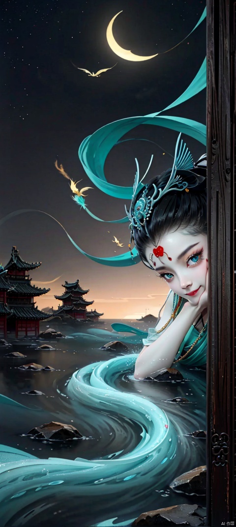 shanhaijing,monster,ancient chinese myth,Chinese meticulous paintin,mmortal beast from Chinese mythology,Chinese classical patterns,furry tail,body withfurry,Turquoise skin,night,sitting,jiangshi,hat,pussy legs,full body,random poss,fullbody,smile,twintails,hair buns,long hair,black hair,flat chest,long legwears,(Narrow shoulders:1.2),extremely detailed eyes and face, beautiful detailed eyes,big eyes,jellyfish,polypite, jiangshi, (\shuang hua\),Chinese architecture, Graveyard, haunted houseChinese architecture, Graveyard, hauntedhouse, silence, oilpainting, Beads, heavy jewelry, shanhaijing