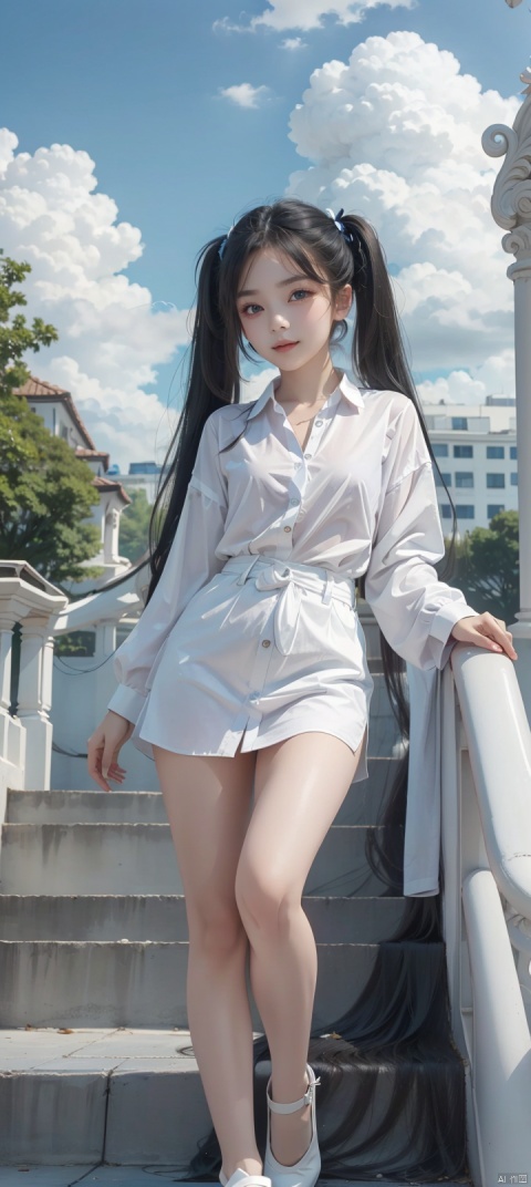 Lacrimal nevus,black silk stocking,pussy legs,legs to viewer,full body,twintails,long hair,black hair,flat chest,on park,day,blue Sky,clouds,White shirt,long legwears,camera,Seductive smile,Narrow shoulders,extremely detailed eyes and face, beautiful detailed eyes,very big eyes,Somebody is watching girl,