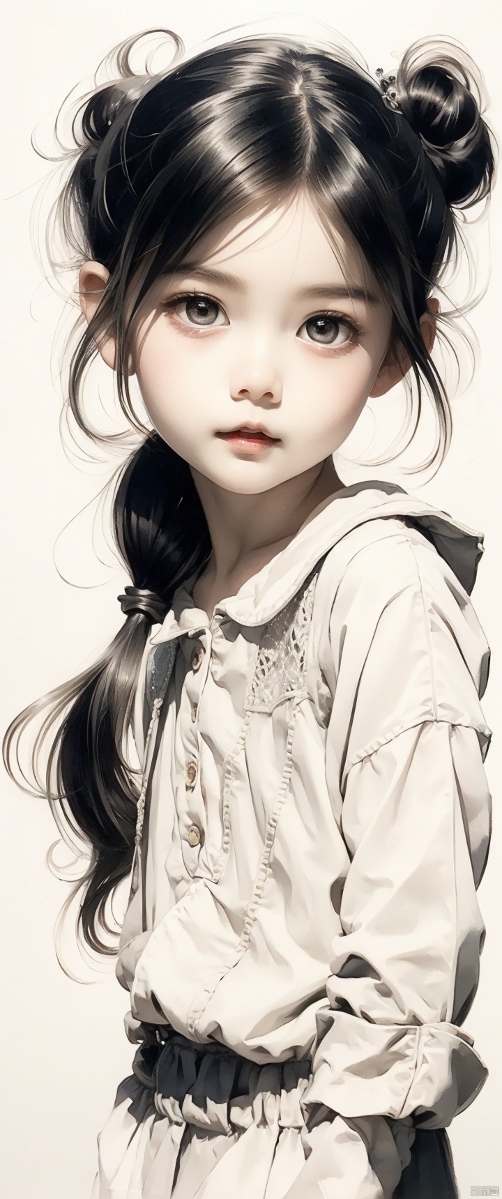small chest,twintails,hair buns,straight hair,long hair,black hair,Narrow shoulders,extremely detailed eyes and face, beautiful detailed eyes,smile,hand up,beautiful illustration, best quality, cute petit girl, (transform sequence), transform magical girl, chibi, white magical girl, fractal art, albino, babyface, long pure white and red mesh hair, beautiful detailedredeyes,cinematiclighting,cowboy shot,looking at viewer,from bottom,happy,((poakl)), heibai