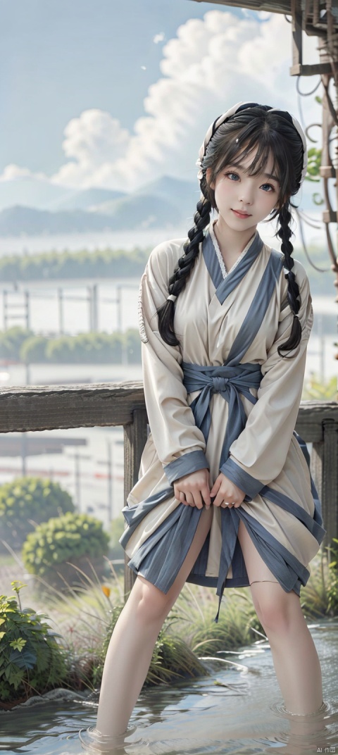  nude,touch breasts,(pussy lips visible:1.5),pussy legs,pussy breasts,Spread legs,in chinese village,fullbody,hair buns,twintails,long hair,black hair,flat chest,day,blue Sky,clouds,long legwears,(Seductive smile:1.3),Narrow shoulders,extremely detailed eyes and face, beautiful detailed eyes,very big eyes,black lolita clothes,wet clothes,