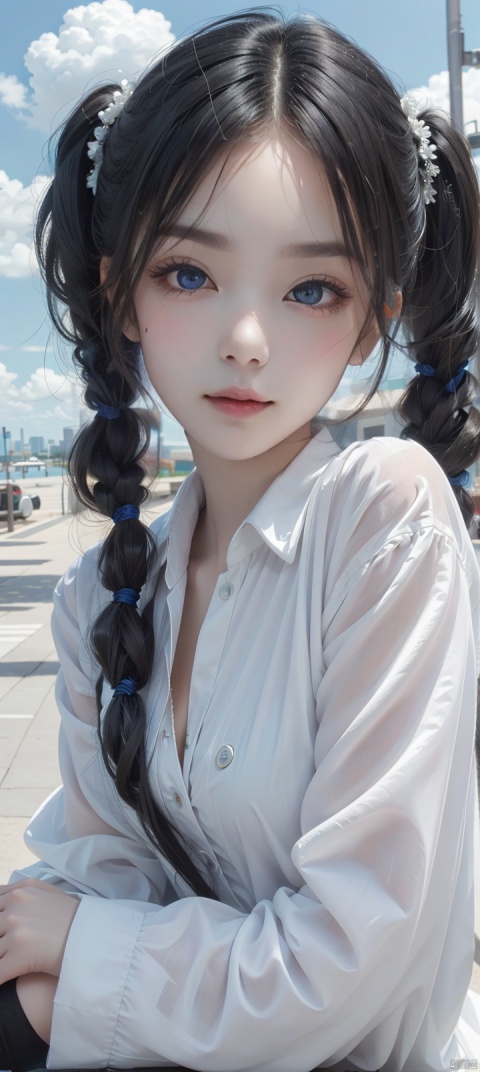 black silk stocking,foots to viewer,full body,twintails,long hair,black hair,flat chest,on park,day,blue Sky,clouds,White shirt,long legwears,camera,Seductive smile,Narrow shoulders,extremely detailed eyes and face, beautiful detailed eyes,very big eyes,Somebody is watching girl,