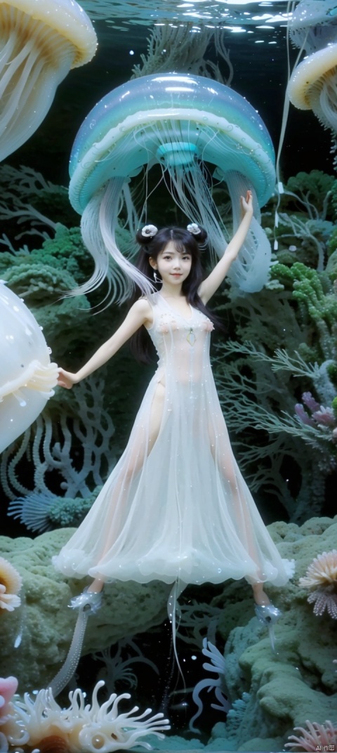   (pussy full body:1.5),(very big jellyfish:1.5),(under sea:1.5),(seabed:1.5),smile,happy,exciting,very transparent gauze garment,very transparent clothing,twintails,hair buns,straight hair,long hair,black hair,Narrow shoulders,extremely detailed eyes and face, beautiful detailed eyes,big eyes, jellyfish,coral,octopus,shell,shells,jellyfish,coral,octopus,shell,shells,very long hair,