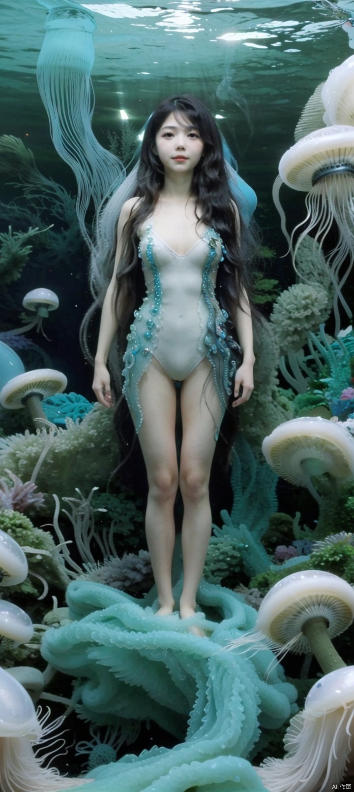   (***** full body:1.5),(very big jellyfish:1.5),(under sea:1.5),(seabed:1.5),smile,happy,exciting,very transparent gauze garment,very transparent clothing,twintails,hair buns,straight hair,long hair,black hair,Narrow shoulders,extremely detailed eyes and face, beautiful detailed eyes,big eyes, jellyfish,coral,octopus,shell,shells,jellyfish,coral,octopus,shell,shells,very long hair,