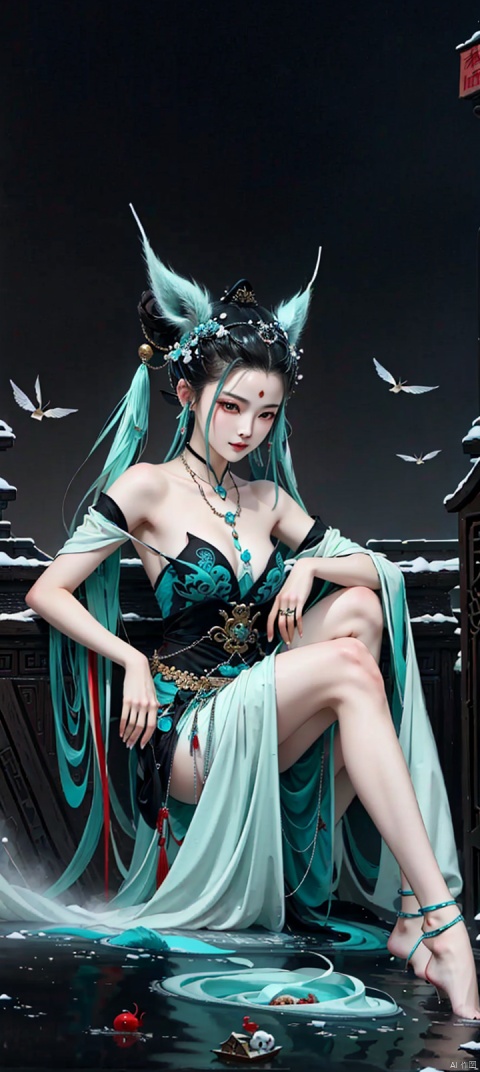 shanhaijing,monster,ancient chinese myth,Chinese meticulous paintin,mmortal beast from Chinese mythology,Chinese classical patterns,furry tail,body withfurry,Turquoise skin,night,sitting,jiangshi,hat,pussy legs,full body,random poss,fullbody,smile,twintails,hair buns,long hair,black hair,flat chest,long legwears,(Narrow shoulders:1.2),extremely detailed eyes and face, beautiful detailed eyes,big eyes,jellyfish,polypite, jiangshi, (\shuang hua\),Chinese architecture, Graveyard, haunted houseChinese architecture, Graveyard, hauntedhouse, silence, oilpainting, Beads, heavy jewelry, shanhaijing