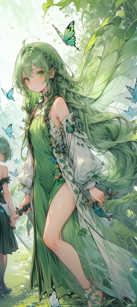  (3 girls:2),very transparent gauze garment,very transparent clothing,fullbody,flat chest,Narrow shoulders,(random poss:1.5),(random expression:1.3),(small chest:1.3),full body,(green hair:1.5),(very long hair:2),(Narrow shoulders:1.2),labyrinth,Holding a sword,(butterfly wing:1.2),(butterfly wings:1.2), glow,