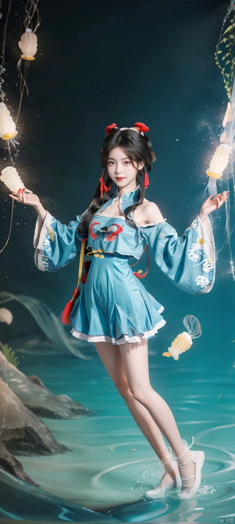 pussy breasts,pussy legs,pussy ass,full body,random poss,under the sea,hanfu,fullbody,smile,twintails,hair buns,long hair,black hair,(flat chest:1.2),long legwears,(Narrow shoulders:1.2),extremely detailed eyes and face, beautiful detailed eyes,big eyes,jellyfish,polypite, jiangshi