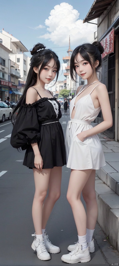 (2 girls:1.8),kissing each other,pussy ass,pussy lips visible,pussy legs,pussy breasts,Spread legs,in chinese street,fullbody,hair buns,twintails,long hair,black hair,flat chest,day,blue Sky,clouds,long legwears,(Seductive smile:1.3),Narrow shoulders,extremely detailed eyes and face, beautiful detailed eyes,very big eyes,black lolita clothes,