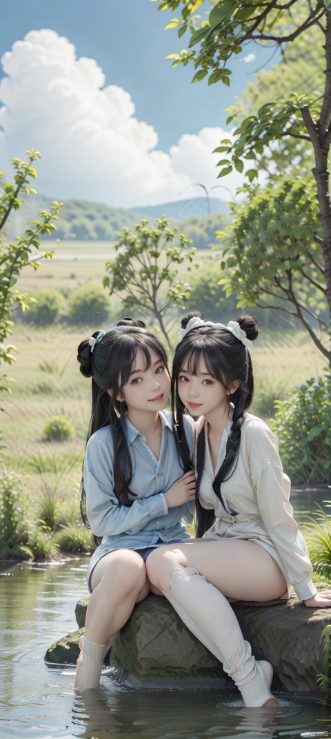  (2 girls:1.8),(touch ass each other:1.3),lying in river,pussy lips visible,pussy legs,pussy breasts,in chinese village,fullbody,hair buns,twintails,long hair,black hair,flat chest,day,blue Sky,clouds,long legwears,(smile:1.3),Narrow shoulders,extremely detailed eyes and face, beautiful detailed eyes,very big eyes,