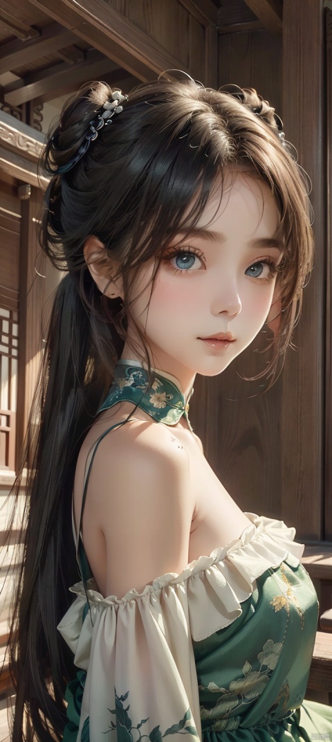 sitting in pavilion,Seductive smile,small chest,pussy foot,twintails,hair buns,straight hair,long hair,black hair,(Narrow shoulders:1.5),extremely detailed eyes and face, beautiful detailed eyes,big eyes,Chinese architecture,haunted houseChinese architecture,hauntedhouse,((poakl))