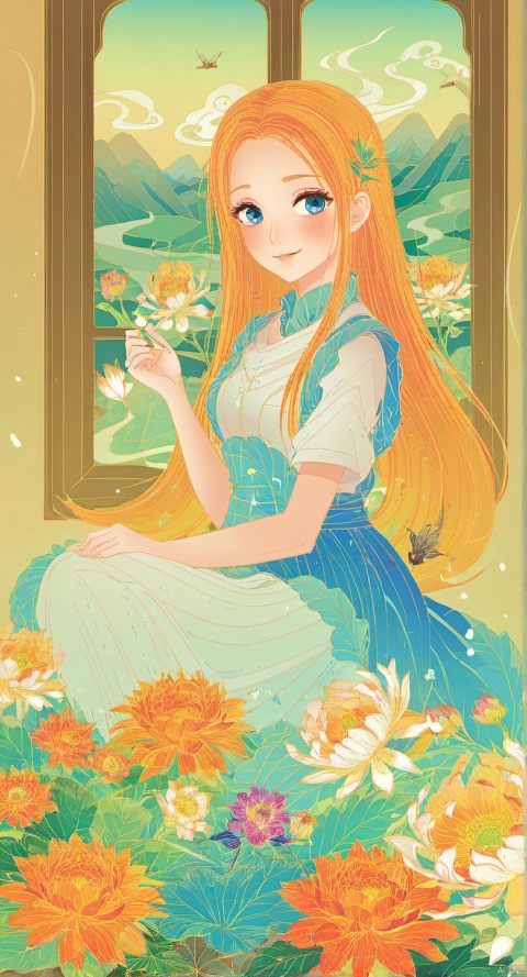girl,holding_flower, window, white_flower, sleeveless,   very_long_hair, curtains, sitting, flower_pot,blue_eyes,