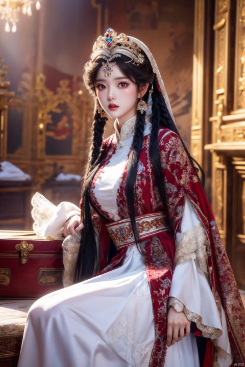  (Masterpiece, Best Quality), a girl in a white and red dress. Luxurious dress, detailed fabric texture, ray tracing, ultra wide angle, 4K, award-winning, Yuyao, huge breasts, long hair, luxury, nobility, beauty, ultra realistic, ultra clear picture quality, 8K, luxurious palace background, domineering queen, enchanting figure, dynamic posture, sitting, full of immortality, soft light. On the other side of the flower is a large box, official art, 8k unit wallpaper, super detailed, beautiful, masterpiece, best quality, very detailed, dynamic angle, realistic, realistic, detailed details, clear focus, movie lighting, xiqing, 1girl