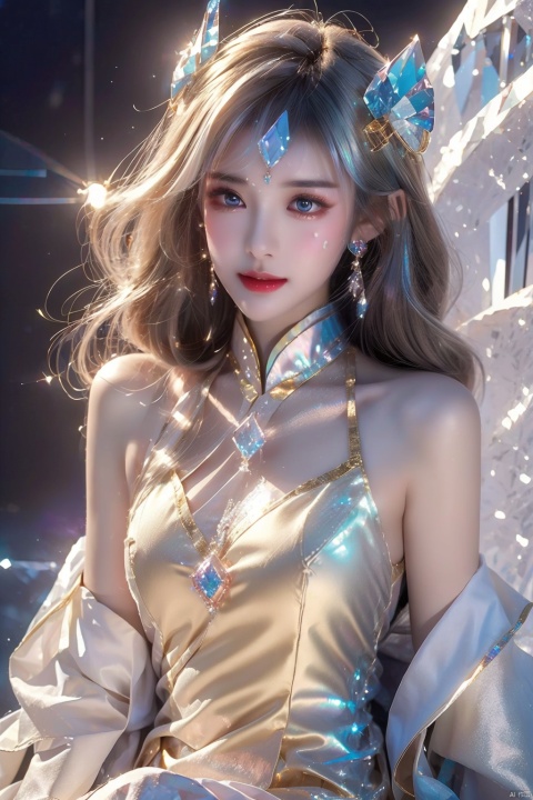  masterpiece,best quality,masterpiece,best quality,official art,extremely detailed CG unity 16k wallpaper,masterpiece,thigh,((1girl)),(science fiction:1.1),(ultra-detailed crystallization:1.5),(crystallizing girl:1.5),kaleidoscope,((iridescent:1.5) long hair),(glittering silver eyes),sitting,surrounded by colorful crystals,blue skin,(skin fusion with crystal:1.8),looking up,face focus,simple dress,transparent crystals,flat dark background,lens flare,prism, 1 girl, (\meng ze\), qingyi,hair ornament, 1girl, gold armor, huliya