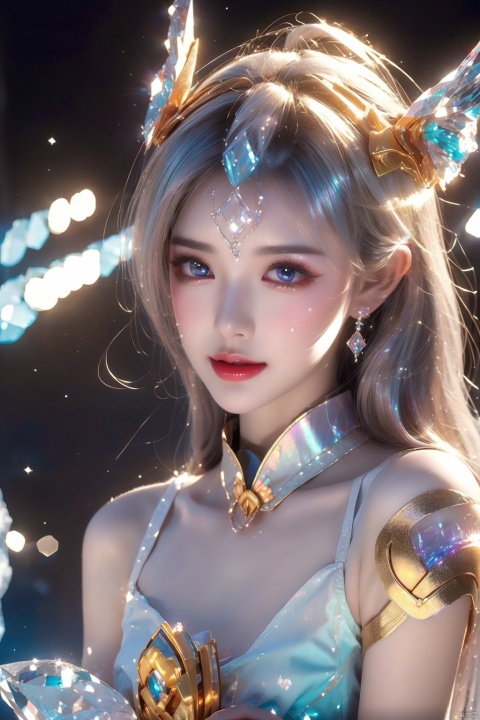  masterpiece,best quality,masterpiece,best quality,official art,extremely detailed CG unity 16k wallpaper,masterpiece,thigh,((1girl)),(science fiction:1.1),(ultra-detailed crystallization:1.5),(crystallizing girl:1.5),kaleidoscope,((iridescent:1.5) long hair),(glittering silver eyes),sitting,surrounded by colorful crystals,blue skin,(skin fusion with crystal:1.8),looking up,face focus,simple dress,transparent crystals,flat dark background,lens flare,prism, 1 girl, (\meng ze\), qingyi,hair ornament, 1girl, gold armor, huliya