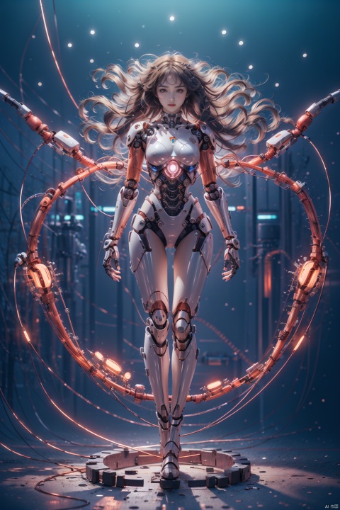  sdmai,jixieji, 1girl, solo, joints, long hair, robot joints, android, brown hair, mechanical parts, full body, floating hair, looking at viewer, standing, lips