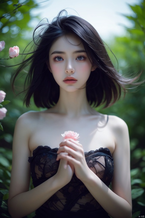  1girl,upper body,solo,melancholic,melancholy,nostalgic,a sense of solitude,petals,Surrealistic imagery,dreamlike atmosphere,vibrant and contrasting colors,intricate and detailed elements,outdoors,