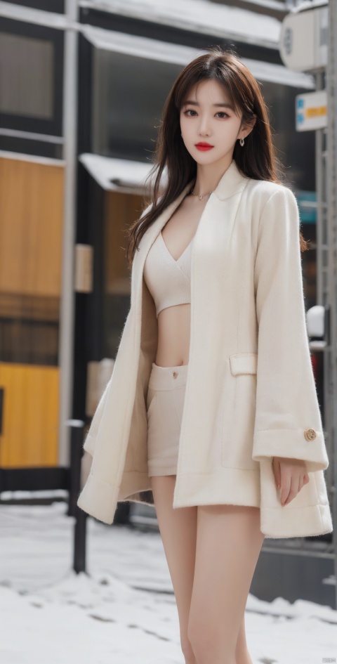  Canon RF85mm f/1.2,masterpiece,best quality,ultra highres,cowbody shot,1 girl,beautiful long legs,(korean mixed,kpop idol:1.2),solo,shiny_skin,very white skin,necklace,earrings,jewelry,(long_brown_wavy_hair,bangs),red_shiny_lips,eyelashes,make-up,shiny,Pore,skin texture,big breasts,(standing outside in snowy city street):1.5, liuyifei,Bare legs,No coat
