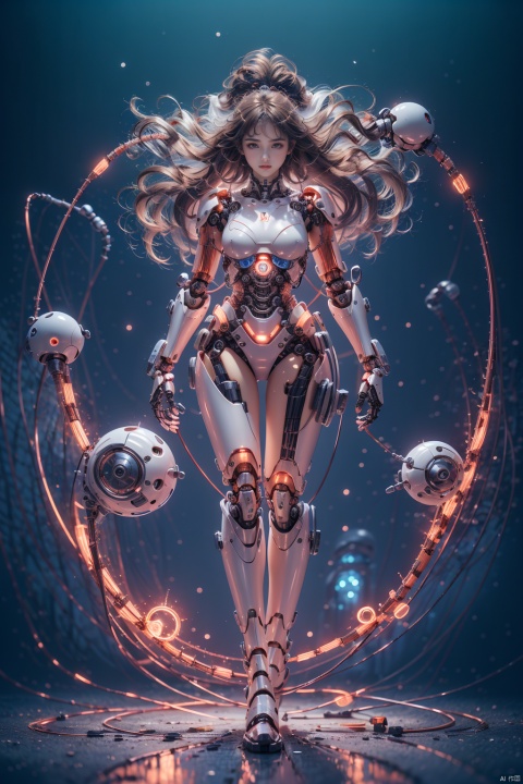  sdmai,jixieji, 1girl, solo, joints, long hair, robot joints, android, brown hair, mechanical parts, full body, floating hair, looking at viewer, standing, lips