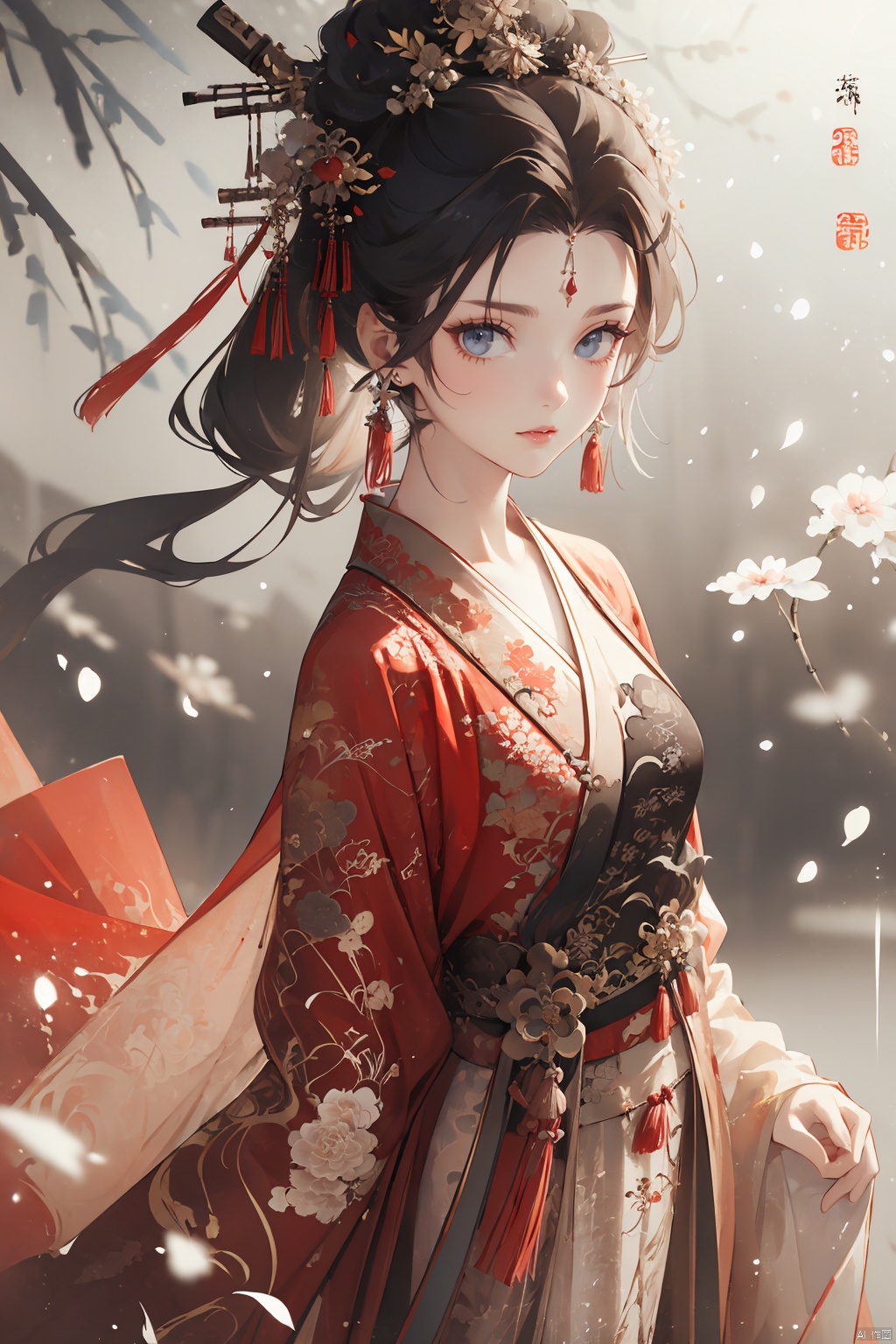  A girl, Chinese style, knight-errant, elegant long skirt, martial arts, Keywords ink bamboo, bamboo forest,with pieces of ink bamboo behind her, all taken, Ink scattering_Chinese style, Anime, yjmonochrome, linkedress_red dress