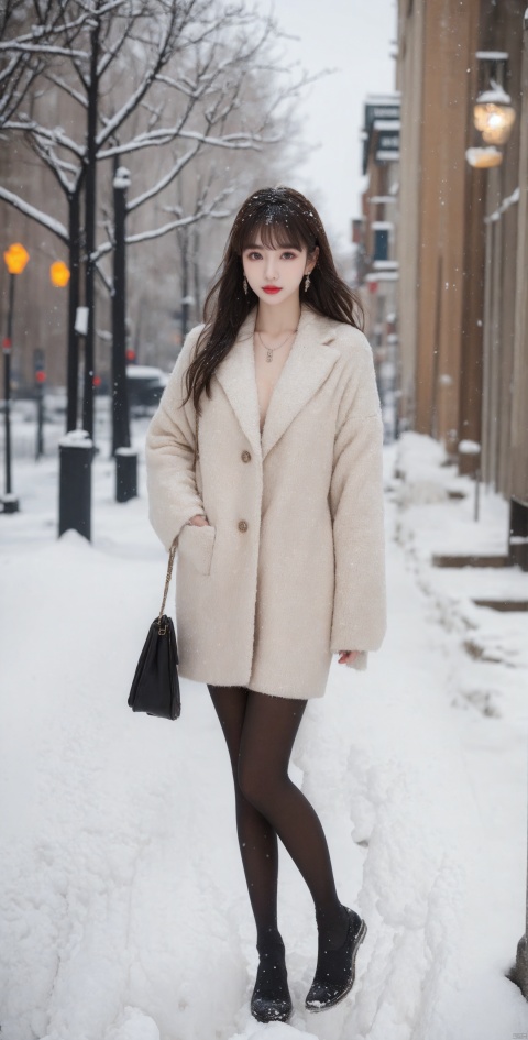  Canon RF85mm f/1.2,masterpiece,best quality,ultra highres,cowbody shot,1 girl,beautiful long legs,(korean mixed,kpop idol:1.2),solo,shiny_skin,very white skin,necklace,earrings,jewelry,(long_brown_wavy_hair,bangs),red_shiny_lips,eyelashes,make-up,shiny,Pore,skin texture,big breasts,((wearing elegant warm winter fashion clothing,standing outside in snowy city street)):1.5,(Pantyhose:1.2)