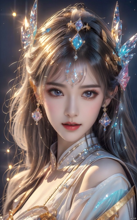  masterpiece,best quality,masterpiece,best quality,official art,extremely detailed CG unity 16k wallpaper,masterpiece,thigh,((1girl)),(science fiction:1.1),(ultra-detailed crystallization:1.5),(crystallizing girl:1.5),kaleidoscope,((iridescent:1.5) long hair),(glittering silver eyes),sitting,surrounded by colorful crystals,blue skin,(skin fusion with crystal:1.8),looking up,face focus,simple dress,transparent crystals,flat dark background,lens flare,prism, 1 girl, (\meng ze\), qingyi,hair ornament, 1girl, gold armor, huliya