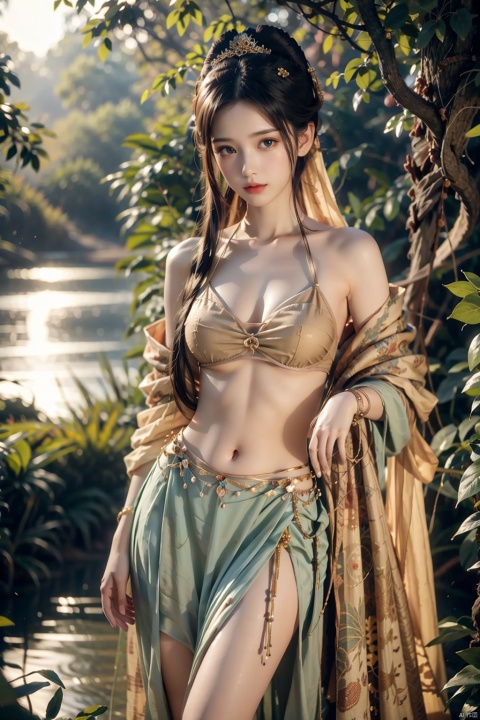 1girl,opensling,dunhuang,敦煌背景,navel,dance,wind,mural,naked, (masterpiece, best quality:1.2), open overcoat,（naked）,In a quiet forest,Sunlight shines on the lake through the dense foliage,A gentle goddess stands by the lake,A gentle goddess stands by the lake, 1girl,1girl,solo,long legs,looking at viewer, ((poakl))