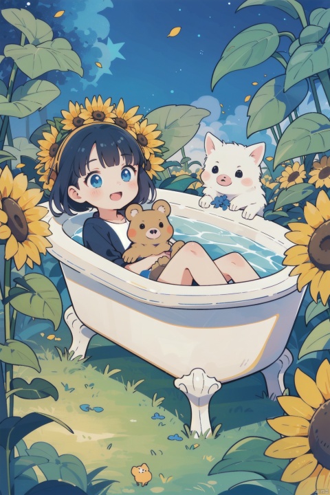  A picture of a little girl in a bathtub, surrounded by flowers and sunflowers, the picture has a Little Bear, a little rabbit, two little pigs blue flowers, flowers, stars, sunflowers, yellow Lily of the valley.