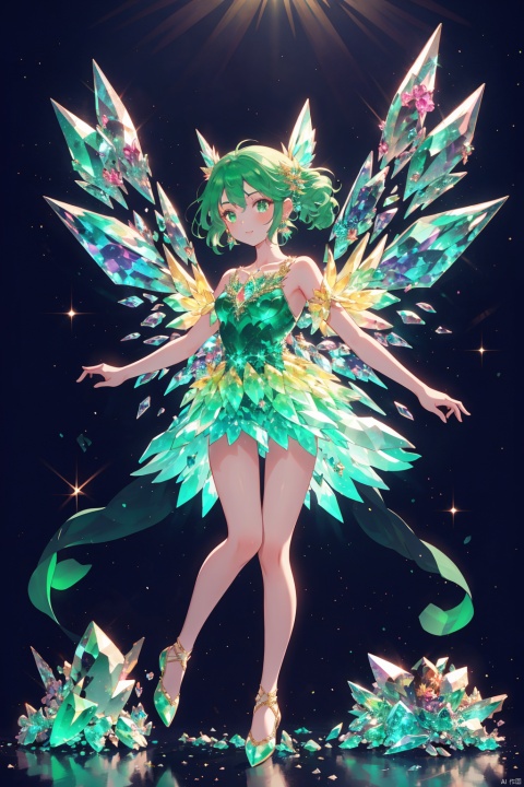  1girl, dance, Fairy, crystal, jewels,black, wings,Crystal clear,All the Colours of the Rainbow, jade , jade sculpture , green gemstone, , crystal_dress , crystal , wings ,, Light master,upper_body