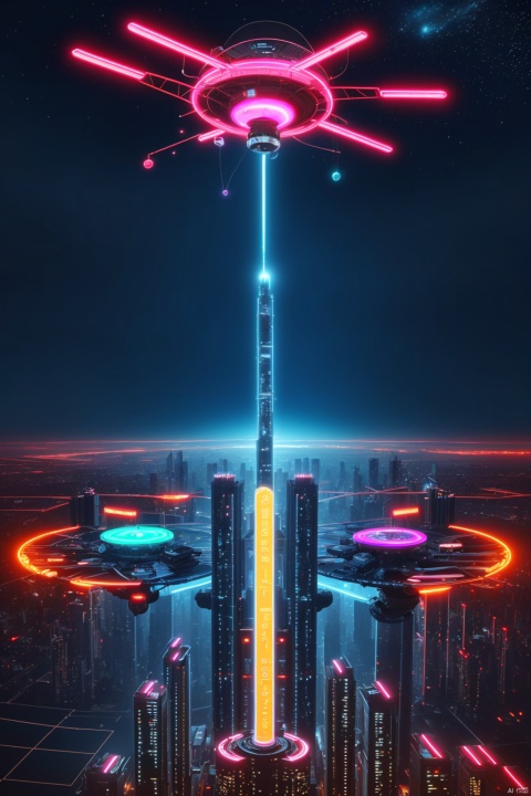  ((masterpiece)),((best quality)),Neon lights, electronic screens, electronic advertising, tall buildings, cities, futuristic buildings, flying machine,mechanical cars, starry skies, giant planets, linear light,,