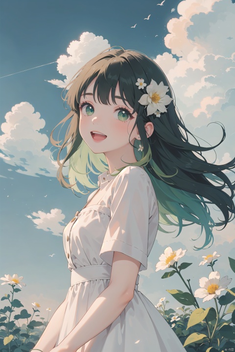  1girl, flower,white dress, solo, green hair, long hair, smile, open mouth, looking at viewer, bangs, white flower, green eyes, cloud