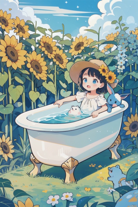  A picture of a little girl in a bathtub, surrounded by flowers and sunflowers, the picture has a Little Bear, a little rabbit, two little pigs blue flowers, flowers, stars, sunflowers, yellow Lily of the valley.
