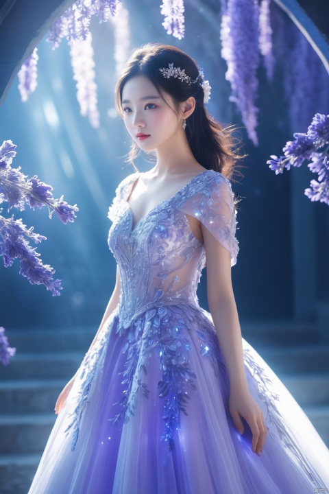  A chinese girl,Stunning crystal wedding dress cape, lavender, magic, soft lighting effects, blue dream background, octane rendering, surreal, HD 16K-AR