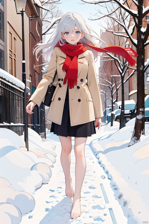  In the snow, a girl walking alone in the snow, wearing a red coat, long hair fluttering, white hair, red scarf, bare legs, bare feet, holding her body tightly, big eyes, her lips pressed together, she was about to cry, her long white hair fluttering in the wind, her delicate and beautiful face suppressed, step by step, the footprints behind her, the heavy snow, the biting wind blowing her scarf, in the distance is the continuous snow mountain, in this evening, helplessly forward, West Green, fashion,1girl, 1girl