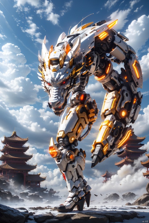  8k,High quality,high quality,morning sunshine,glowing body,mechanical joint,orange led light,high detailed mecha,high-precision mecha,mecha,exoskeleton mechanical armor,red eyes,outdoors,horns,sky,growing joint,day,cloud,blue sky,no humans,glowing,cloudy sky,scenery,eastern dragon,pagoda,building,flying,jet device,high detailed,white mecha,HD,black joint, BY MOONCRYPTOWOW, 1girl,police,pencil_skirt,high_heels