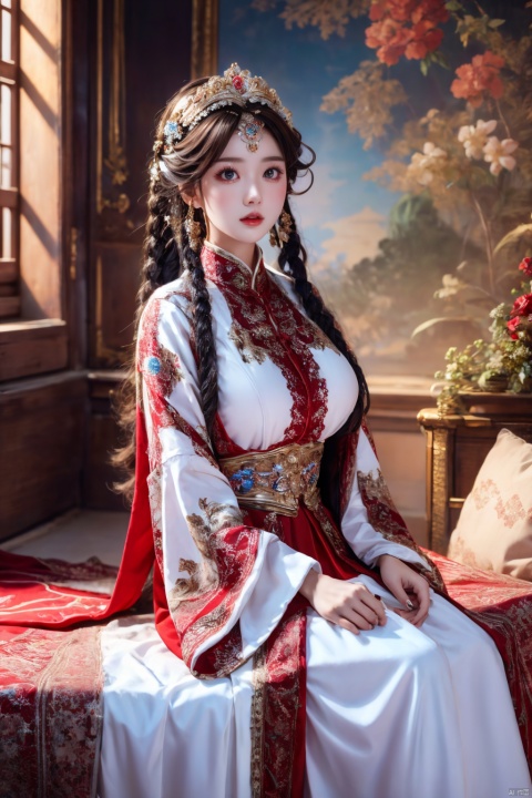  (Masterpiece, Best Quality), a girl in a white and red dress. Luxurious dress, detailed fabric texture, ray tracing, ultra wide angle, 4K, award-winning, Yuyao, huge breasts, long hair, luxury, nobility, beauty, ultra realistic, ultra clear picture quality, 8K, luxurious palace background, domineering queen, enchanting figure, dynamic posture, sitting, full of immortality, soft light. On the other side of the flower is a large box, official art, 8k unit wallpaper, super detailed, beautiful, masterpiece, best quality, very detailed, dynamic angle, realistic, realistic, detailed details, clear focus, movie lighting, xiqing, 1girl