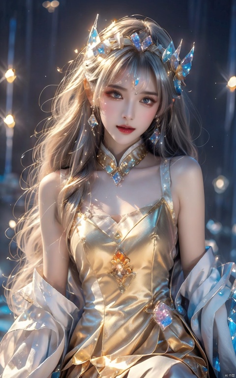  masterpiece,best quality,masterpiece,best quality,official art,extremely detailed CG unity 16k wallpaper,masterpiece,thigh,((1girl)),(science fiction:1.1),(ultra-detailed crystallization:1.5),(crystallizing girl:1.5),kaleidoscope,((iridescent:1.5) long hair),(glittering silver eyes),sitting,surrounded by colorful crystals,blue skin,(skin fusion with crystal:1.8),looking up,face focus,simple dress,transparent crystals,flat dark background,lens flare,prism, 1 girl, (\meng ze\), qingyi,hair ornament, 1girl, gold armor, huliya