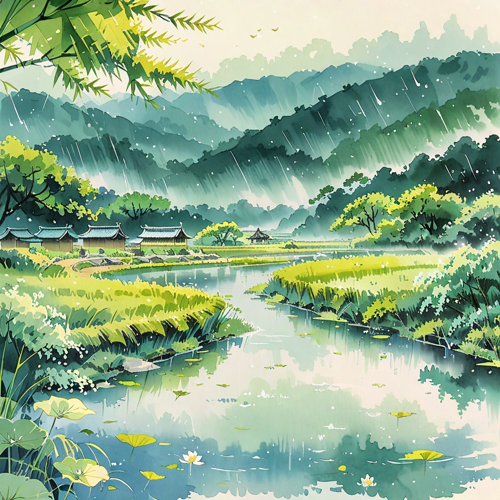 A serene ink wash painting capturing Qingming Festival scenery in a traditional Chinese landscape composition. The 16:9 pa...