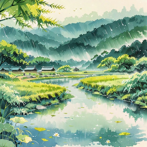 A serene ink wash painting capturing Qingming Festival scenery in a traditional Chinese landscape composition. The 16:9 panoramic view features misty spring rain softly diffusing light over a tranquil riverside scene. Weeping willows hang gracefully by the river, their tender green leaves swaying gently. An ancient stone bridge arches elegantly across the water, its reflection rippling in the river. Farmers wearing bamboo hats tend to their tasks beneath the drizzle, blending harmoniously with the surroundings. The color palette uses celadon and jade tones, evoking a sense of calm and vitality. Soft, diffused lighting enhances the misty atmosphere, creating a peaceful and timeless depiction of spring.