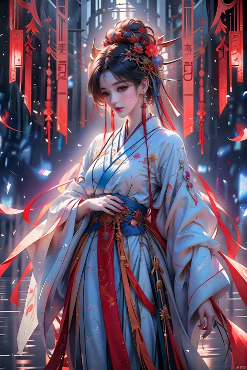 Best Quality,full body, masterpiece, ultra-high resolution, (photo realistic: 1.4) , Surrealism, Fantastical verisimilitude, fantastical creation, thriller color scheme, surrealism, abstract, psychedelic, 1 girl, yue , hair ornament , hanfu