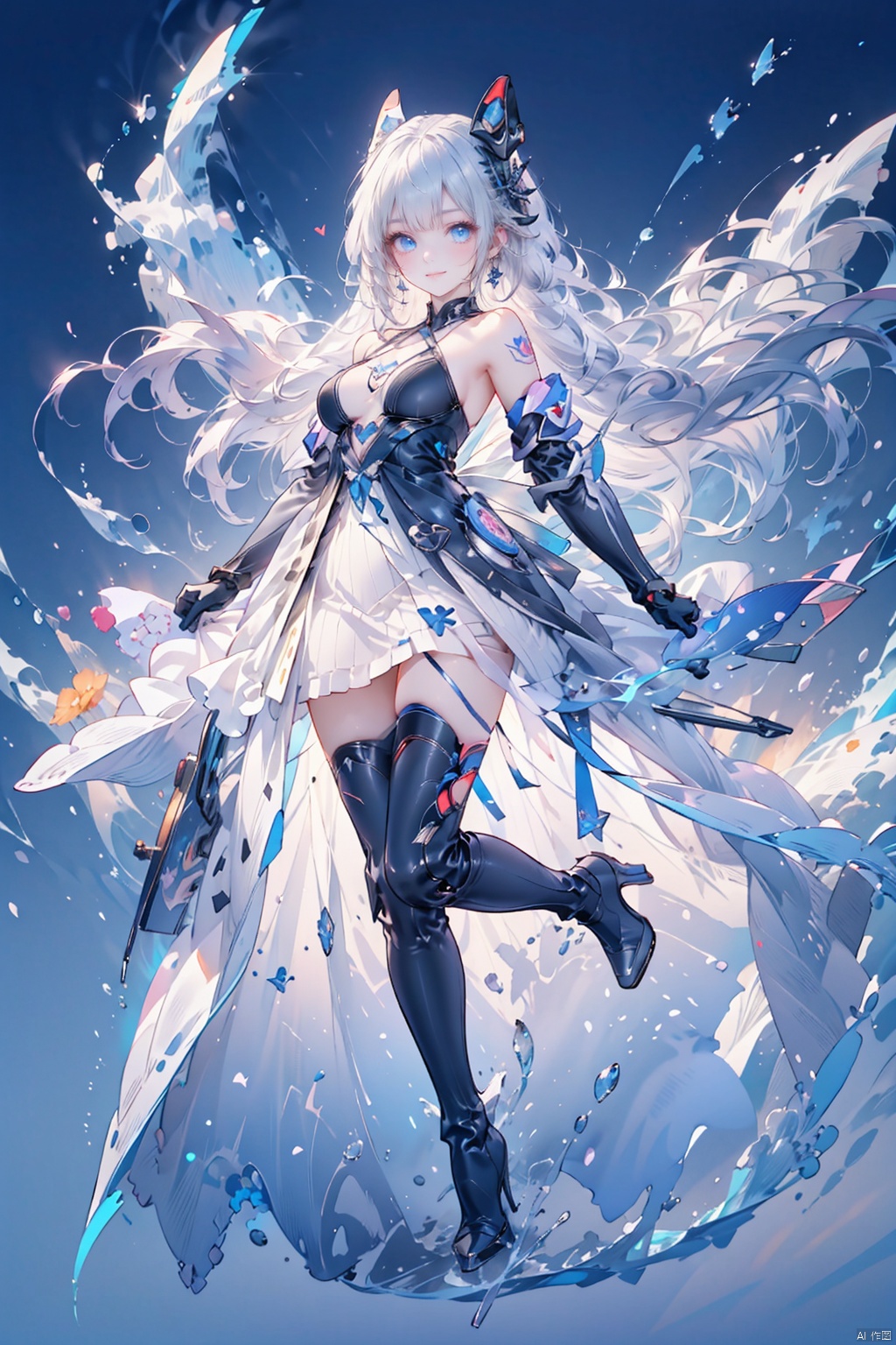  tianqijijijia, solo, 1girl, long hair, blue eyes, gloves, smile, looking at viewer, bangs, full body, mecha musume, dress, high heels, white hair, boots, tattoo, thighhighs,breasts, elbow gloves, heart, bare shoulders, white dress, floating hair, high heel boots, thigh boots, inksketch