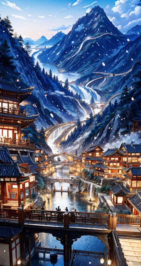  （8k, Best quality at best, high rise：1.1）chinese-ink painting, 
traditional Chinese architecture amidst a cityscape that
resembles a lush forest, all set against a litte mountainwith flowing water and meticulously detailed
