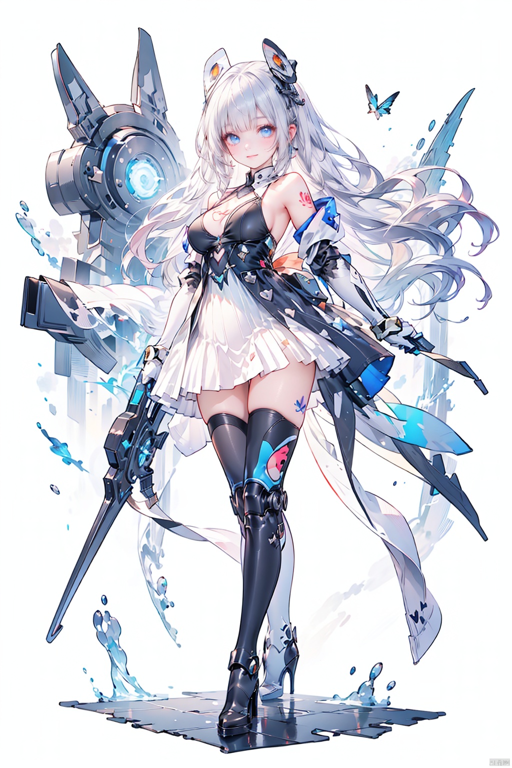  tianqijijijia, solo, 1girl, long hair, blue eyes, gloves, smile, looking at viewer, bangs, full body, mecha musume, dress, high heels, white hair, boots, tattoo, thighhighs,breasts, elbow gloves, heart, bare shoulders, white dress, floating hair, high heel boots, thigh boots, inksketch