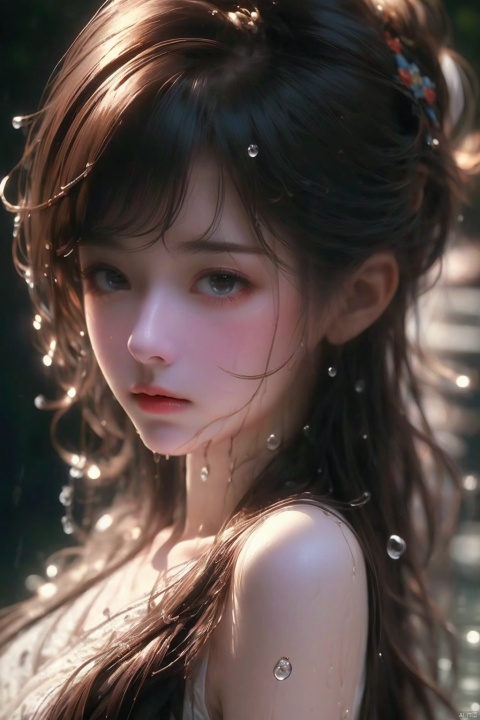  Epic CG masterpiece,stunningly beautiful,graphic tension,dynamic poses,stunning colors,3D rendering,surrealism,cinematic lighting effects,realism,00 renderer,super realistic,masterpiece,best quality,32k uhd,insane details,intricate details,hyperdetailed,hyper quality,high detail,ultra detailed,Masterpiece,
1girl,solo,glowing,simple background,,rain,it's soaking wet,(splash of water:1.4),,wet_hair, yanlingji, wangyushan, eluosi