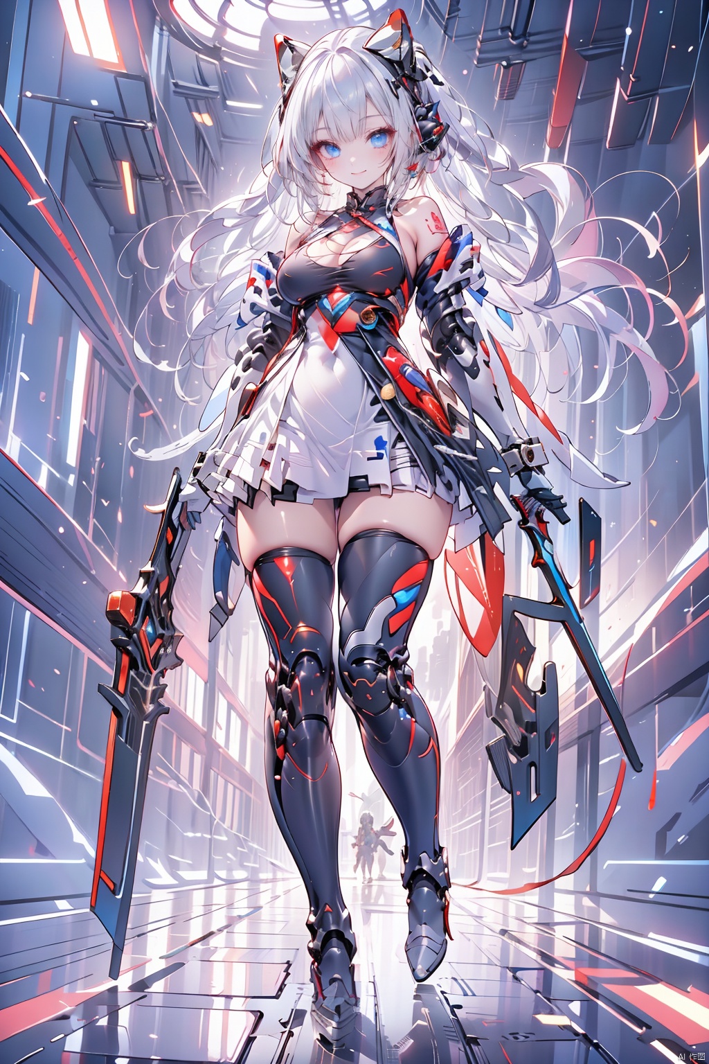  tianqijijijia, solo, 1girl, long hair, blue eyes, gloves, smile, looking at viewer, bangs, full body, mecha musume, dress, high heels, white hair, boots, tattoo, thighhighs,breasts, elbow gloves, heart, bare shoulders, white dress, floating hair, high heel boots, thigh boots, inksketch, Super perspective, mechpp