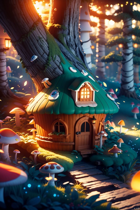  Mushroom House, Fairy Tale Style, In the Forest, Bright Colors, Mid Focus Lens, Natural Light, Static, Mysterious, Warm., glow, changjing_3d