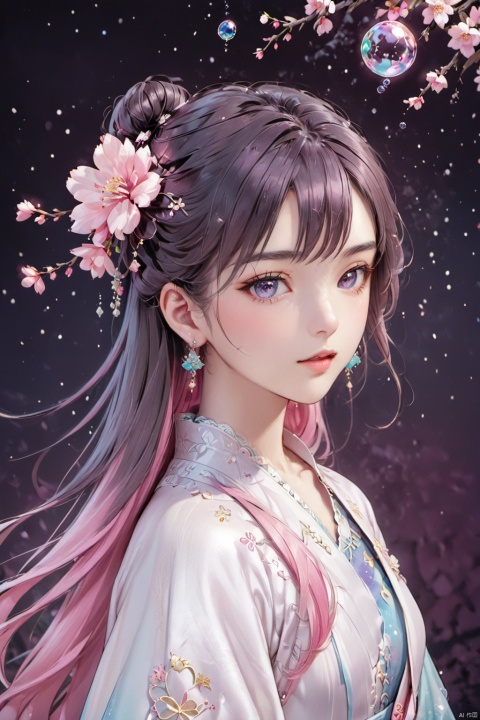 (masterpiece), (best quality), (ultra-detailed), (illustration), 1girl, mixed-blood, stars in the eyes, cherry blossoms, messy floating hair, crystal earrings, colored inner hair, Starry sky adorns hair, (colorful Bubble), (pearl), (Galaxy), depth of field, upper body, lace-trimmed dress, HanFu